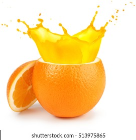 Cut Orange Juice Splashing Isolated On White