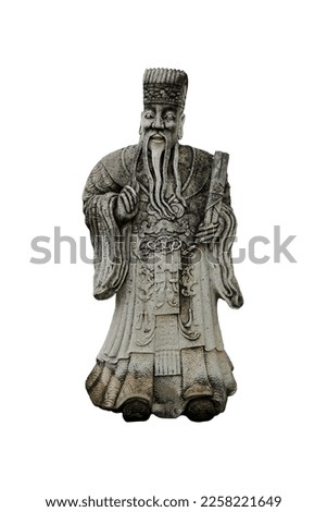 Cut out ancient Chinese political nobleman rock statue isolated on white background. Ancient Chinese sculpture at Wat Pho in Bangkok, Thailand.