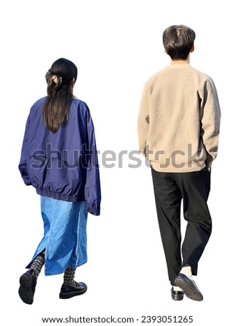 Cut out Asian chinese couple friends in a relationship walking around town. Back view of the Stylish guys. People for 3d visualization and renders