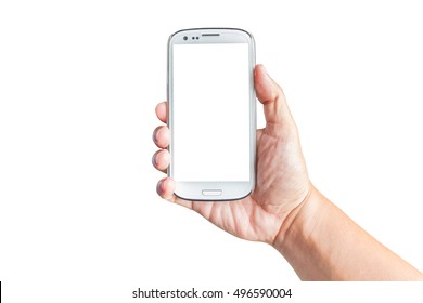 Cut Out Hand Holding Smartphone Mockup Blank Screen Isolated On White Background. Touch Screen Mobile Phone Put In A Vertical Position. This Photo Can Be Used For Communication Or Technology Concept.