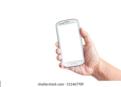 Cut Out Hand Holding Smartphone Mockup Blank Screen Isolated On White Background. Touch Screen Mobile Phone Put In A Vertical Position. This Photo Can Be Used For Communication Or Technology Concept.