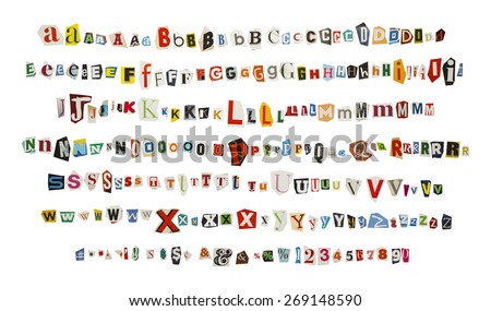 Cut out Kidnapper Ransom Note Letters Isolated on White Background.