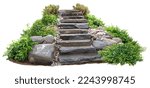 Cut out stairs made of large stone steps. Staircase lined with green plants for landscaping or garden design. Rock steps isolated on white background.