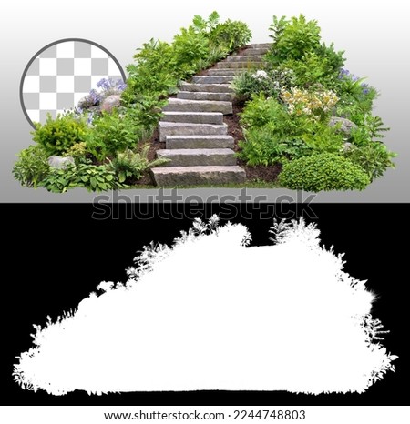 Cut out stairs made of large stone steps. Staircase lined with green plants for landscaping or garden design. Rock steps isolated on transparent background via an alpha channel.