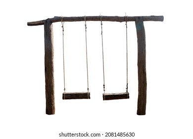 Cut out of two empty lonely hanging vintage wooden swings isolated on white background. 