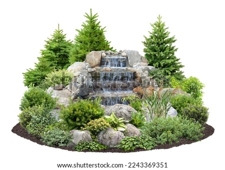 Cut out waterfall surrounded by vegetation. Water fountain isolated on white background. Stair step waterfall for garden design or landscaping