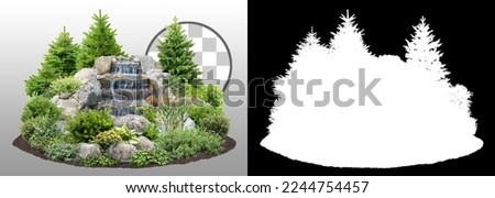 Cut out waterfall surrounded by vegetation. Water fountain isolated on transparent background via an alpha channel. Stair step waterfall for garden design or landscaping