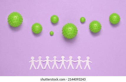 Cut Paper Human Chain With Bacteria Molecules On Purple Background