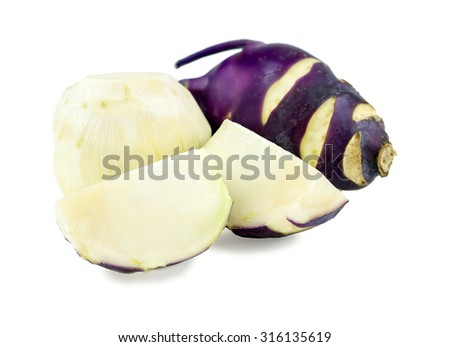 Cut and peeled kohrabi turnip cabbage isolated on white