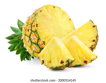 Cut pineapple isolated with slice, piece and leaves. Pineapples on white. Full depth of field. - Powered by Shutterstock