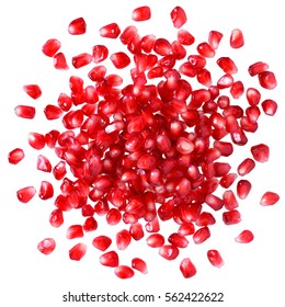 Cut the pomegranate with scattered grain top view isolated on white background.