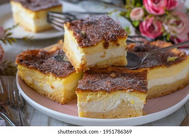 Cut Sheet Cake Pieces On A Plate