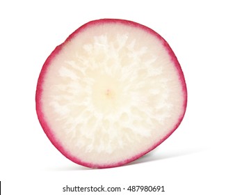 A Cut Slice Of Red Radish Isolated On White Background