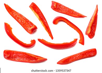 Cut Slices Of Red Sweet Bell Pepper Isolated On White Background Top View