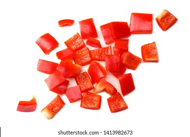 Cut Slices Of Red Sweet Bell Pepper Isolated On White Background Top View