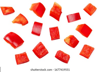 cut slices of red sweet bell pepper isolated on white background. top view