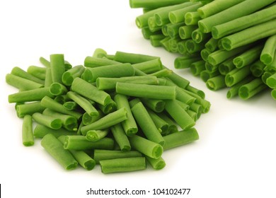 Cut Small And Slender Green Beans (haricot Vert) On A White Background