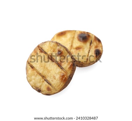 Cut tasty grilled potato isolated on white
