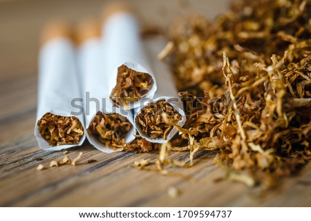 cut tobacco leaves and handmade cigarettes on a wooden background