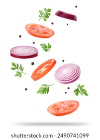 Cut tomatoes, onion, parsley and allspice in air on white background