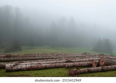 Cut tree trunks in the forest in foggy weather. Cut tree trunks and misty forest in the background. Acelle Plateau, Sakarya Türkiye. - Powered by Shutterstock