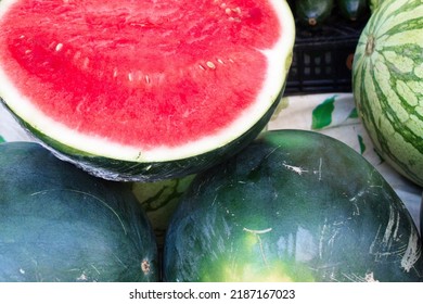 Cut Watermelon With The Pulp And Seeds Visible At A Weekly Market In Murcia