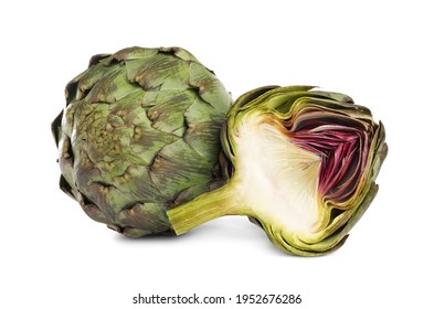 Cut and whole fresh artichokes on white background