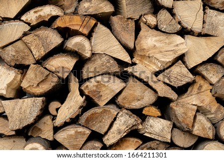 Cut wood lying on the stack. Background composed of chopped wood.