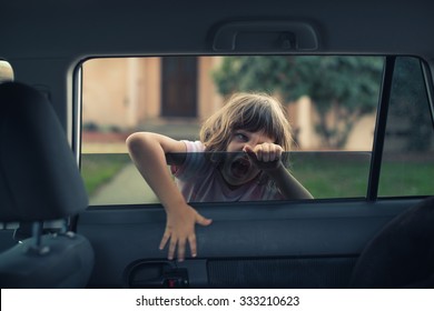 Cute 5 Year Old Girl Child Playing Zombie Trying To Break Into Car Through Window.