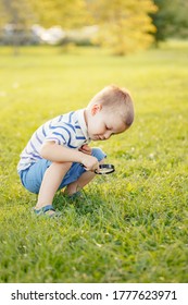 Cute Adorable Caucasian Toddler Boy Looking At Plants Flower Grass In Park Through Magnifying Glass. Kid With Loupe Studying Learning Nature Outside. Child Natural Science Education Concept.