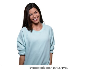 Cute Adorable Mixed Ethnicity Asian American Brunette Woman With Genuine Laugh And Smile, Isolated With Copy Space