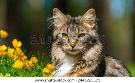 A cute Aegean cat With a long and thick fur tail.