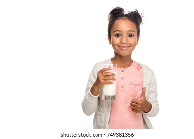 Cute African American Child Drinking Milk And Showing Thumb Up Isolated On White