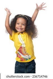 Cute African American Small Girl Raising Her Arms Above Her Head And Laughing Isolated On White