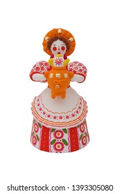 Cute Ancient Russian Traditional National Handcraft - Old Dymkovo Clay Toy (doll): Woman In Russian Folk Style With Samovar For Tea Drinking And Kokoshnik. Best Souvenir From Russia. Isolated Photo