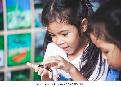 Cute Asian Child Girl Holding And Playing With Black Caterpillar With Curious And Fun. Black Caterpillar Crawling On Her Hand.