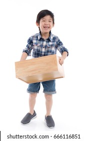 Cute Asian Child Holding Empty Wooden Box On White Background Isolated