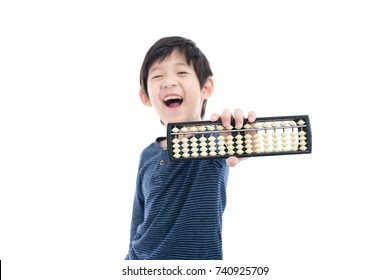 Cute Asian Child Holding Soroban Abacus On White Background Isolated