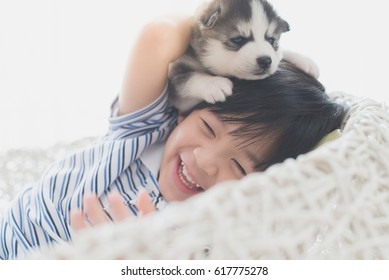 Cute asian child playing with siberian husky puppy on white basket chair - Powered by Shutterstock