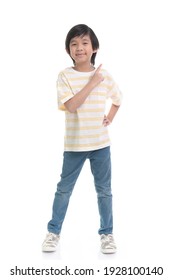 Cute Asian Child Pointing On White Background Isolated