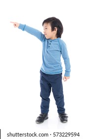 Cute Asian Child Pointing On White Background Isolated