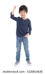 Cute Asian Child Showing Winner Sign On White Background Isolated