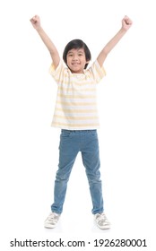 Cute Asian child showing winner sign on white background isolated