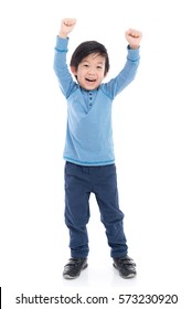 Cute Asian child showing winner sign on white background isolated