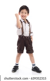 Cute Asian Child Showing Winner Sign On White Background Isolated