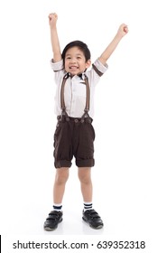 Cute Asian Child Showing Winner Sign On White Background Isolated