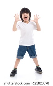 Cute Asian Child  Is Suprise And So Happy About It On White Background Isolated