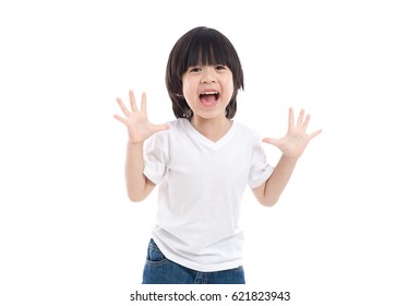 Cute Asian Child  Is Suprise And So Happy About It On White Background Isolated