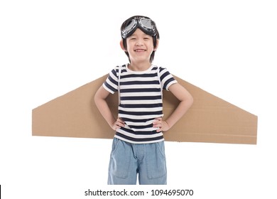 Cute Asian Child Wearing Aviator Costume On White Background Isolated