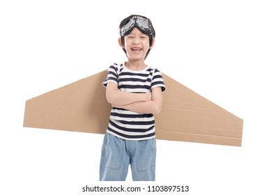 Cute Asian Child Wearing Aviator Costume On White Background Isolated